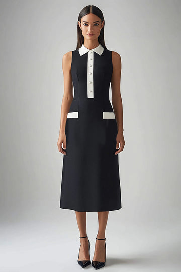 Black and White Satin Sheath Collar Neck Long Work Dress